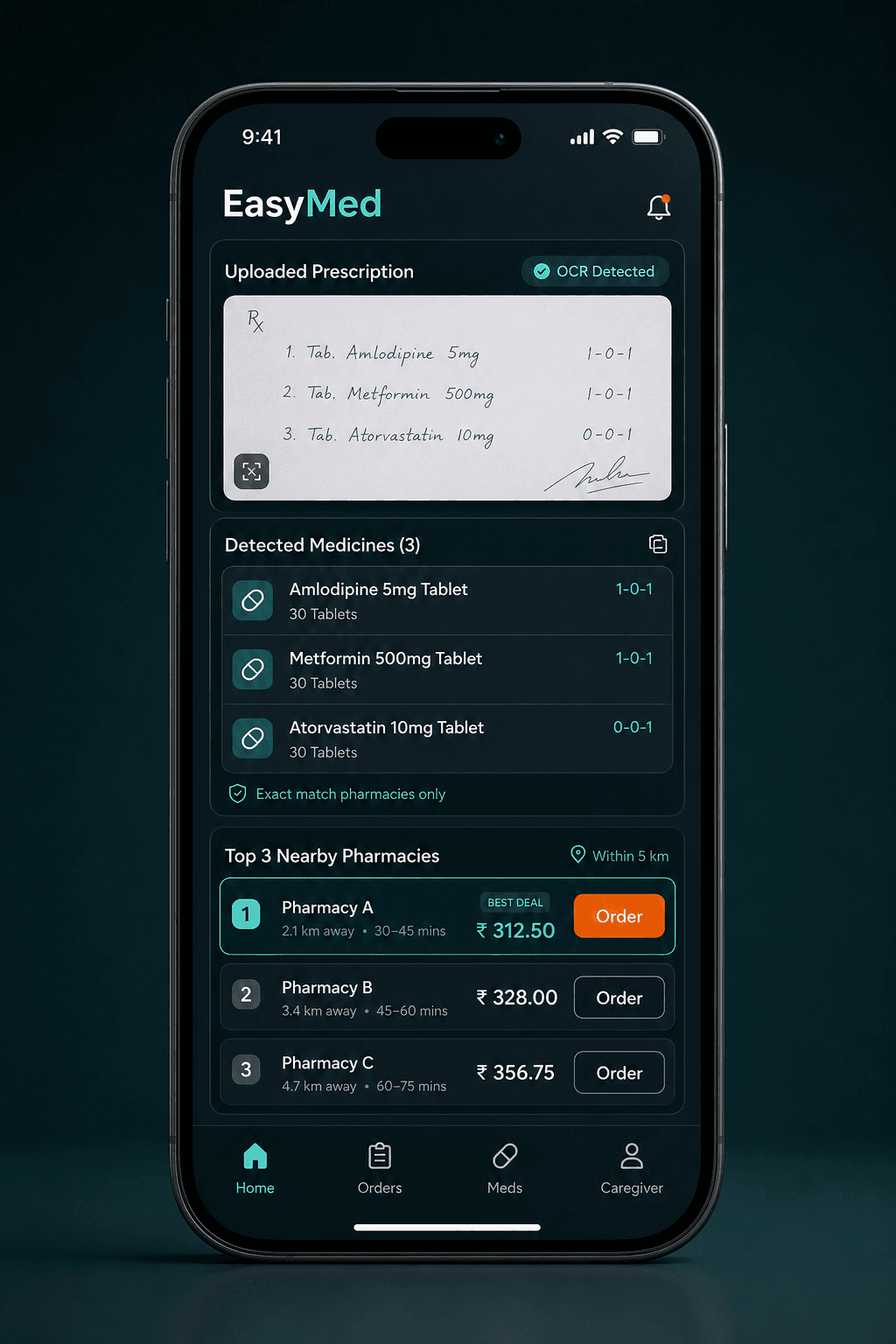 服薬管理画面を表示するEasyMedのヘルステックアプリ